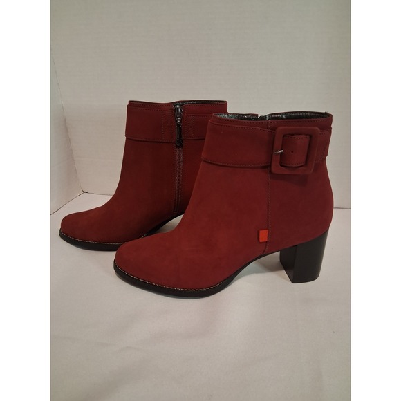Marc Joseph New York Ankle Boots Size 8.5M Deep Red Suede Block Heel Buckle - Picture 2 of 9